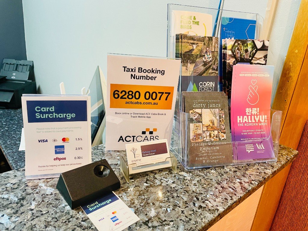 Parkway Motel reception desk information and brochures